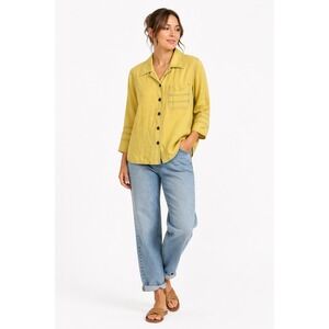 Selene Sport Button Up Shirt Women Small Yellow Linen Blend Contrast Stitch Boho